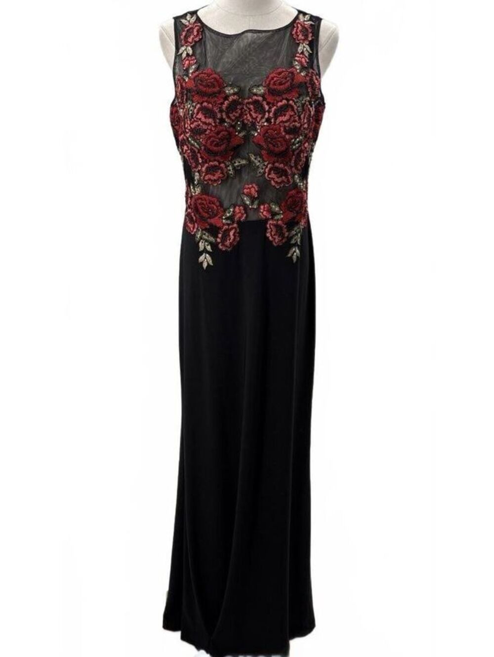 Cachet Women's Black Red Floral Embroidered Mesh Open Back Evening Gown Sz 10